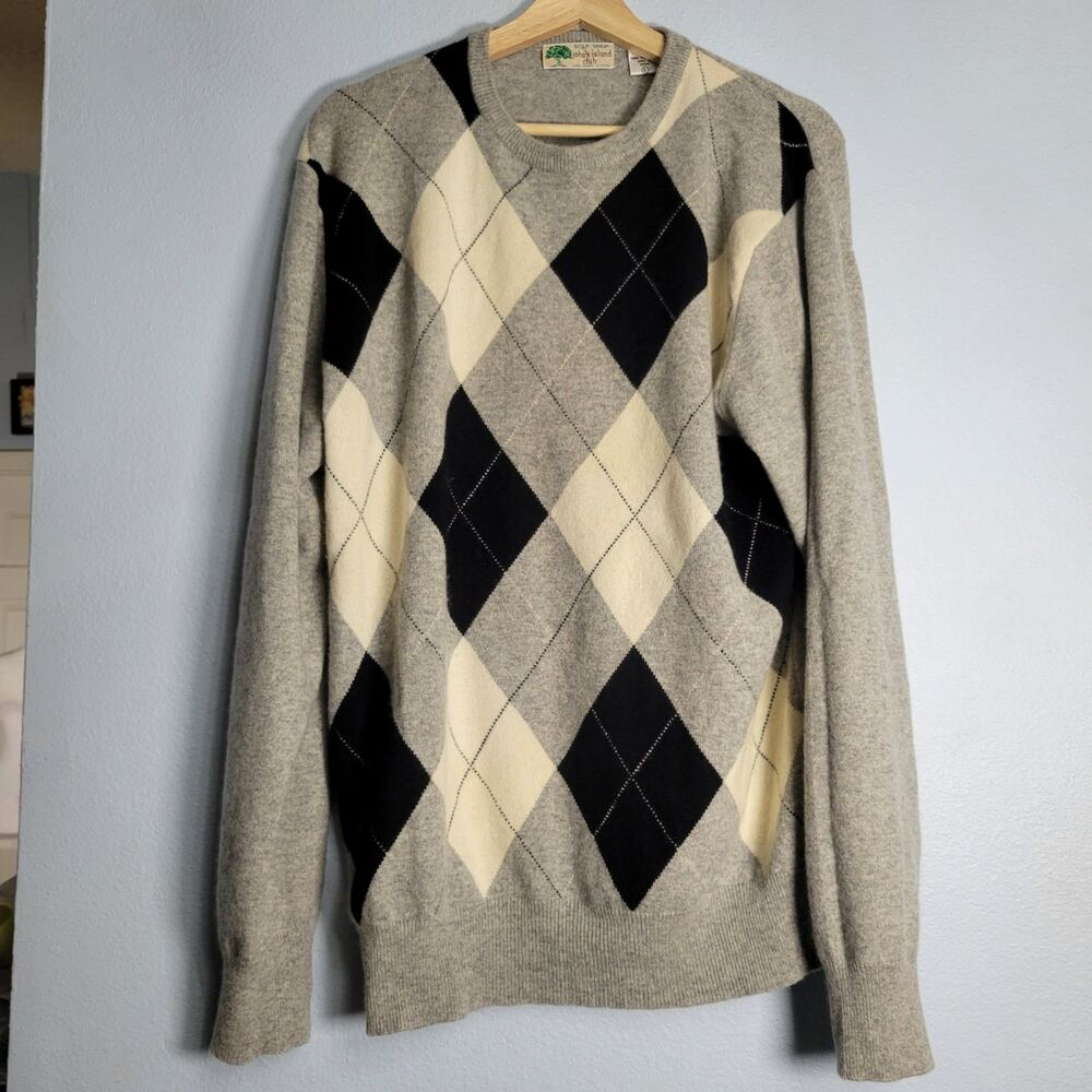 Johns Island Club 100% Cashmere Argyle Sweater Mens L Gray Golf Preppy Luxury